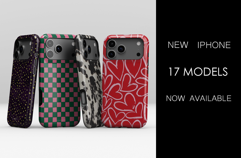 Four different patterned phone cases on a gray background with text about new iPhone models.