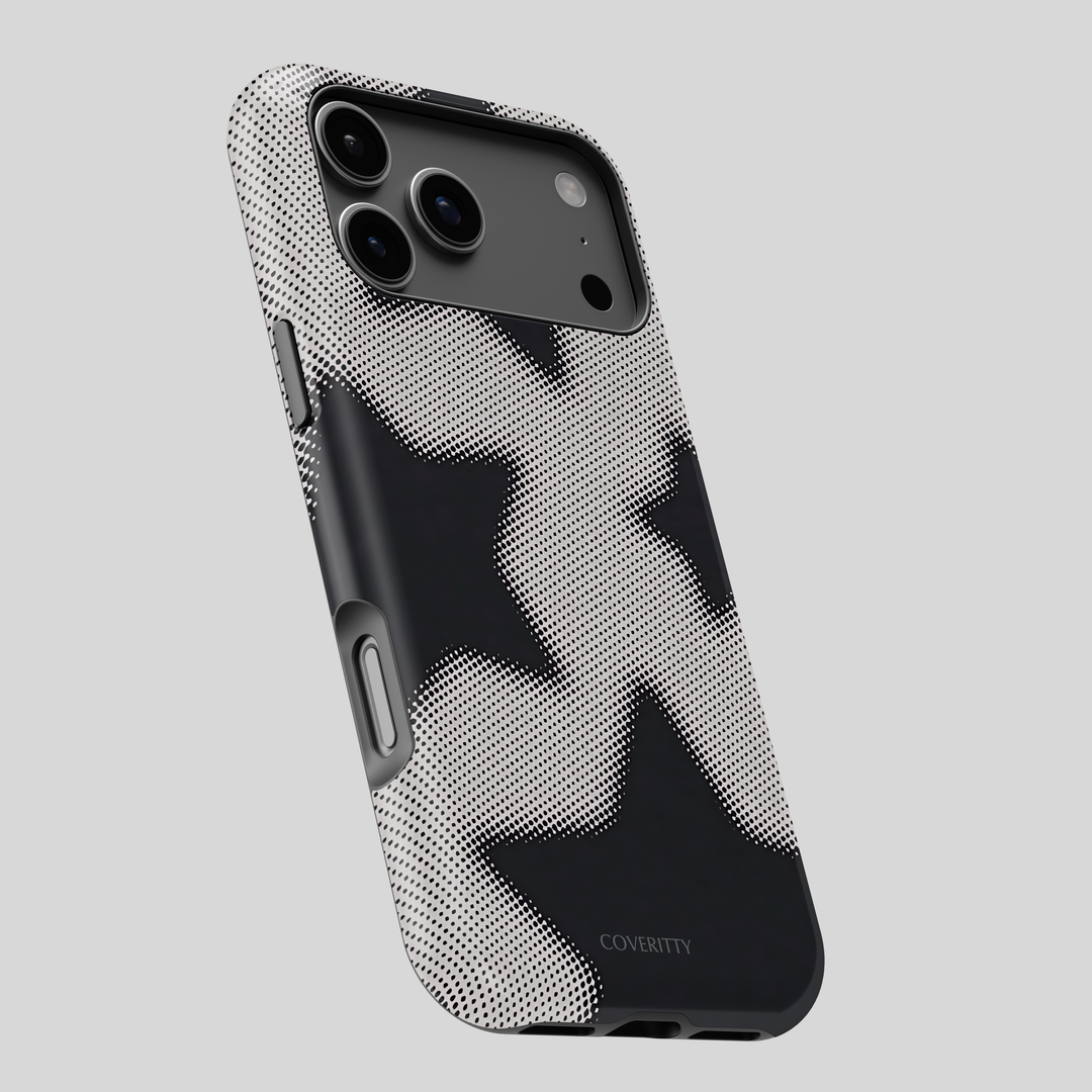 Phone case with black and white pattern on a gray background
