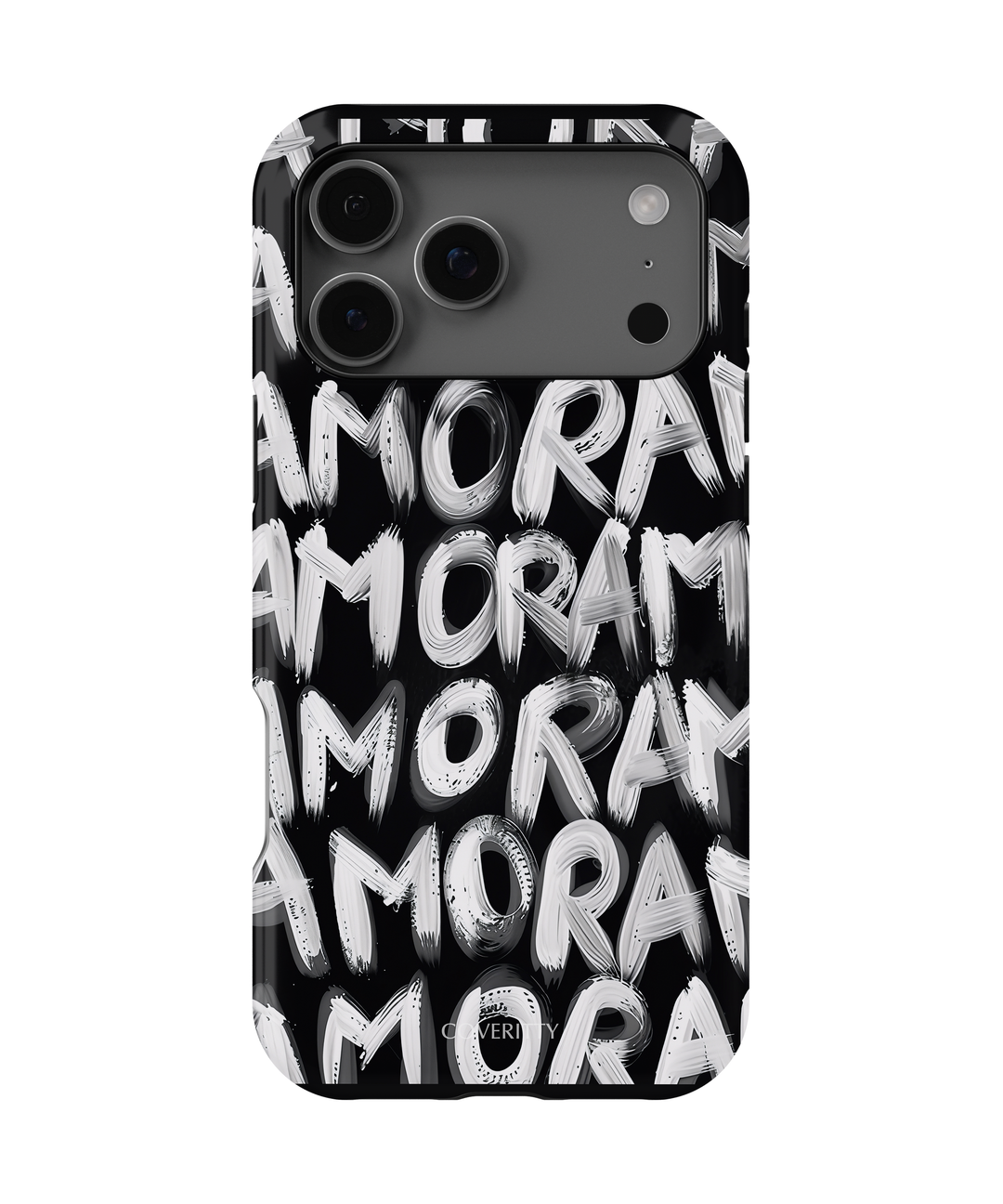 Luxury black phone case with bold white AMOR brushstroke design