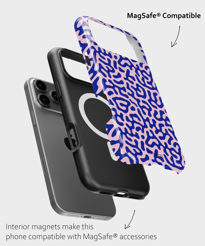 Vibrant coral reef design phone case with flowing pink and blue shapes