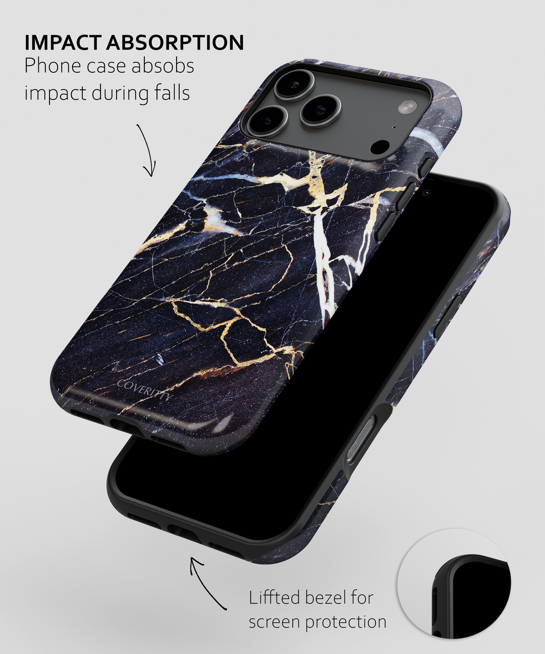 Luxury Midnight Marble phone case – black and gold marble pattern, sleek and durable iPhone cover by Coverity.