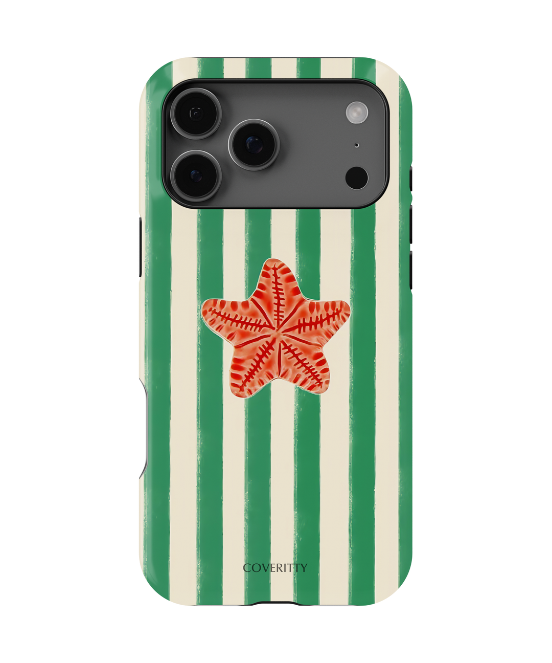 Phone case with green and white stripes and a red starfish design on a white background