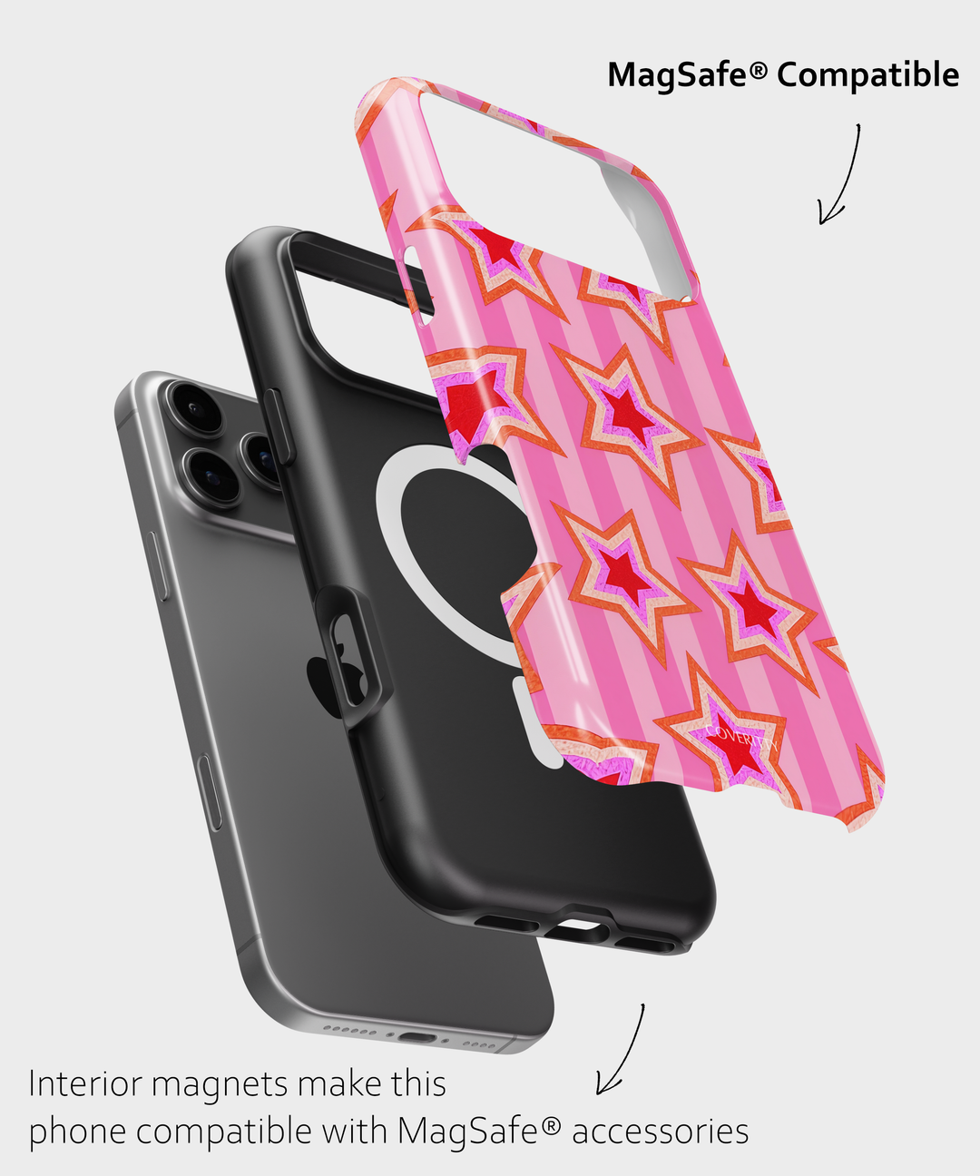 Pink star-patterned phone case with black phone case on a white background, featuring MagSafe compatibility.