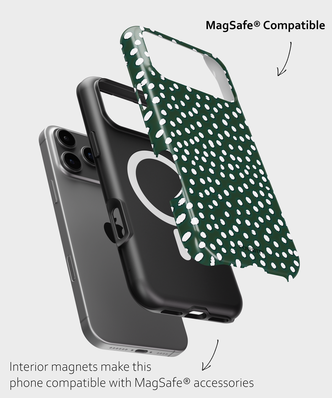 Green phone case with white polka dots and 'MagSafe Compatible' text on a gray background