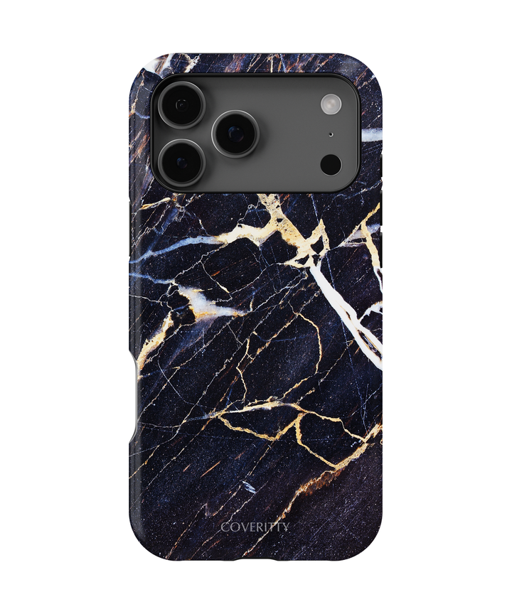 Midnight Marble iPhone case by Coverity – luxury black marble design with gold and white veining, slim protective phone cover.