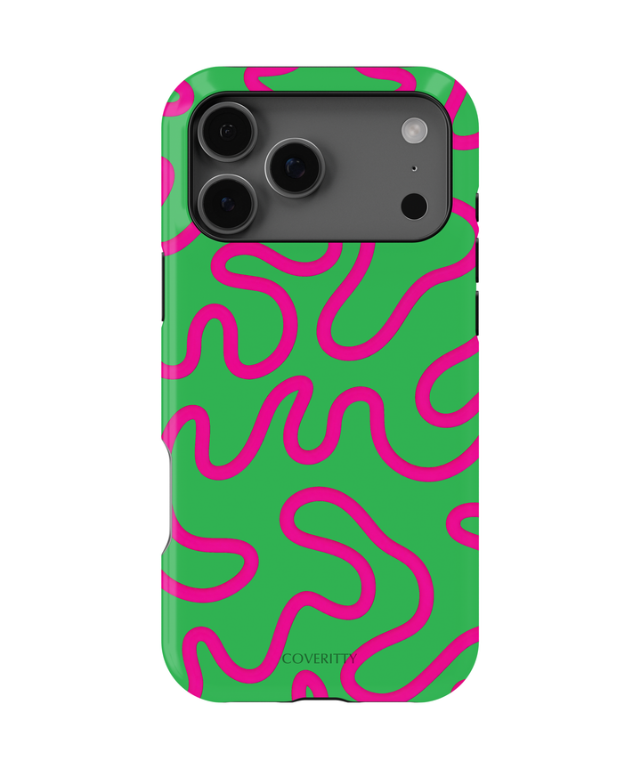 Phone case with pink wavy lines on a green background