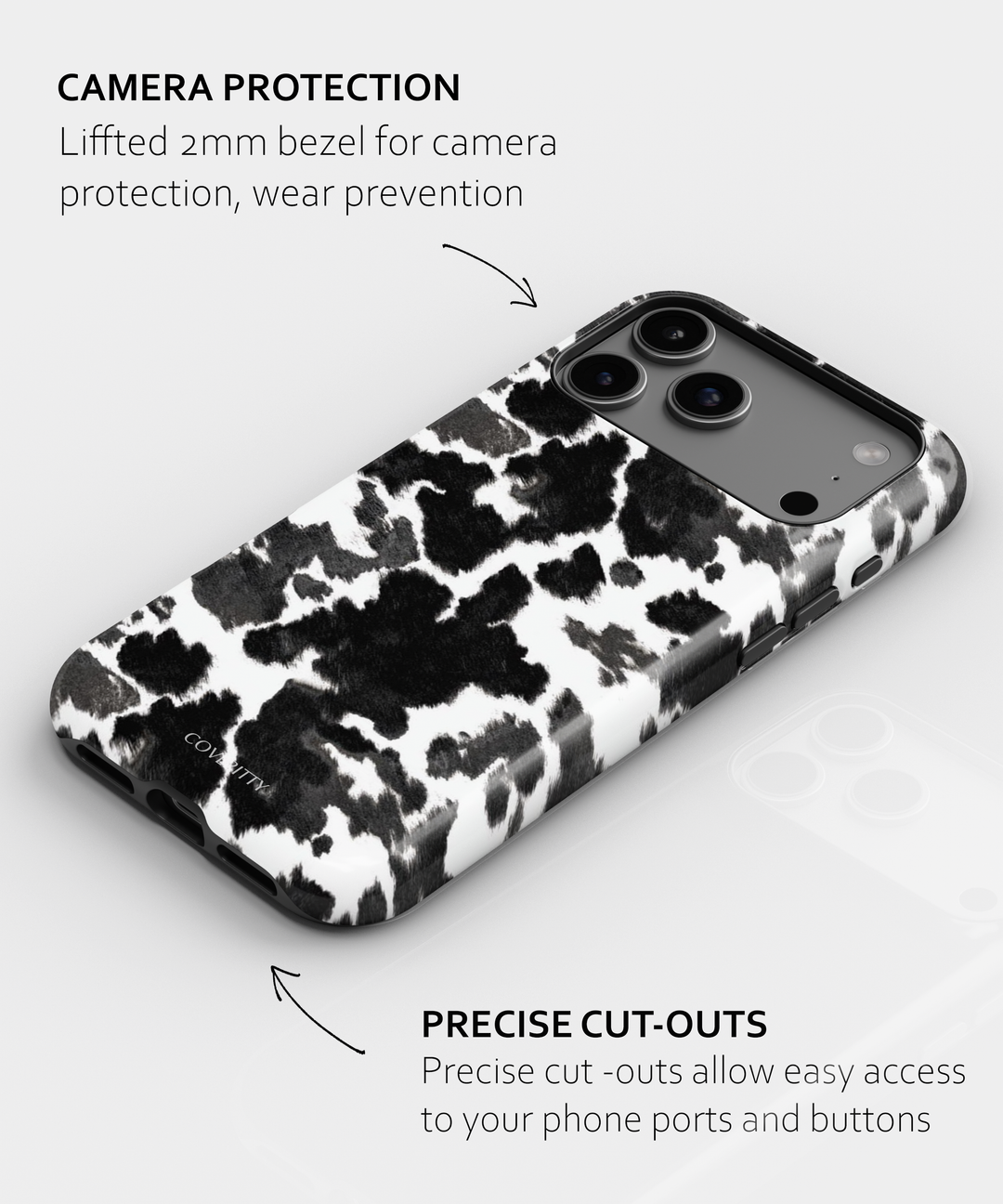 Phone case with cow print design on a white background