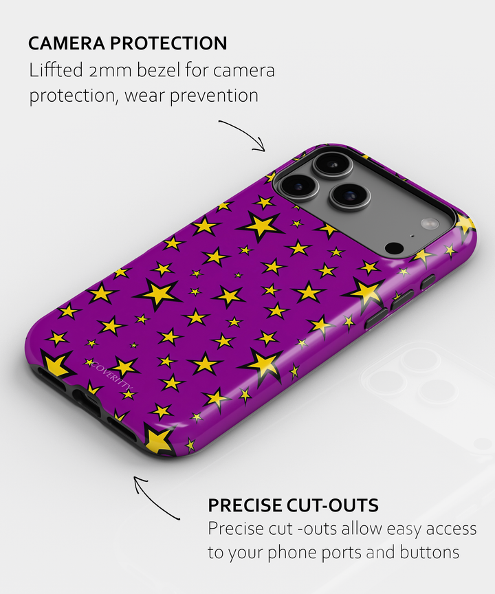Purple phone case with yellow star pattern on a white background