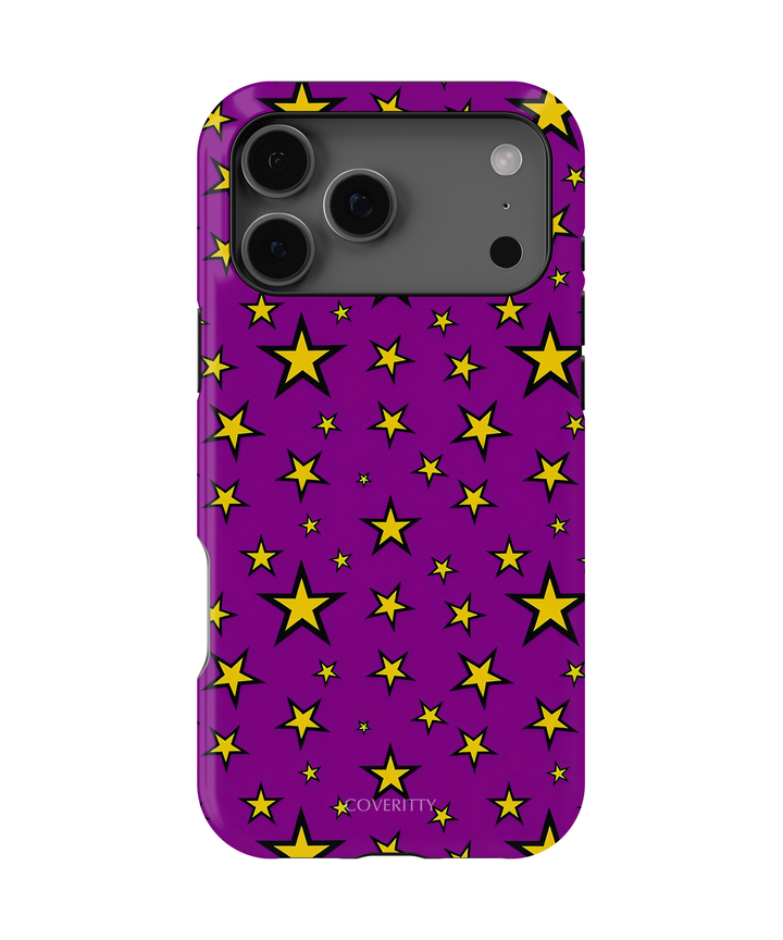 Phone case with yellow star pattern on a purple background