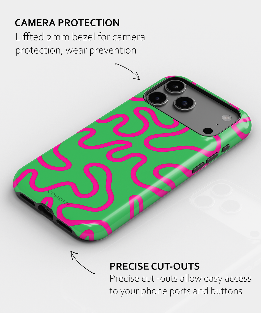 Trendy phone cover with bold green and pink abstract waves