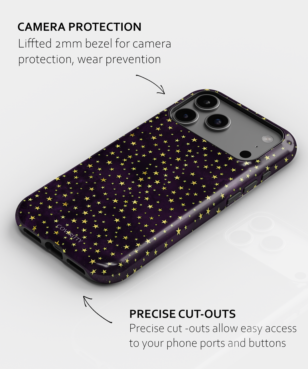 Close-up of Twilight Glow phone case showing golden stars on deep purple background