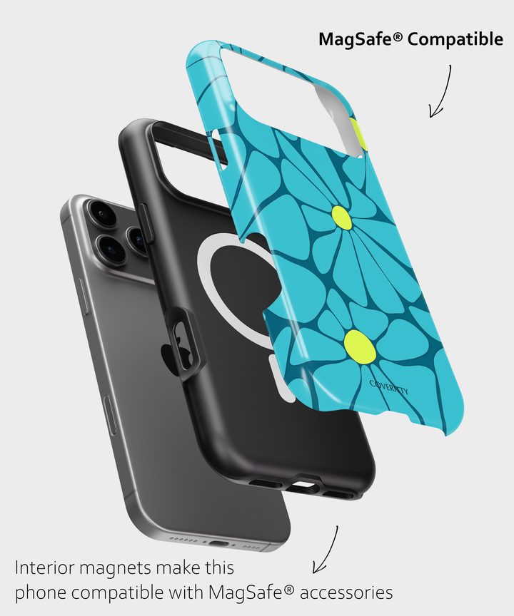 Phone case with floral design and text indicating MagSafe compatibility on a light gray background