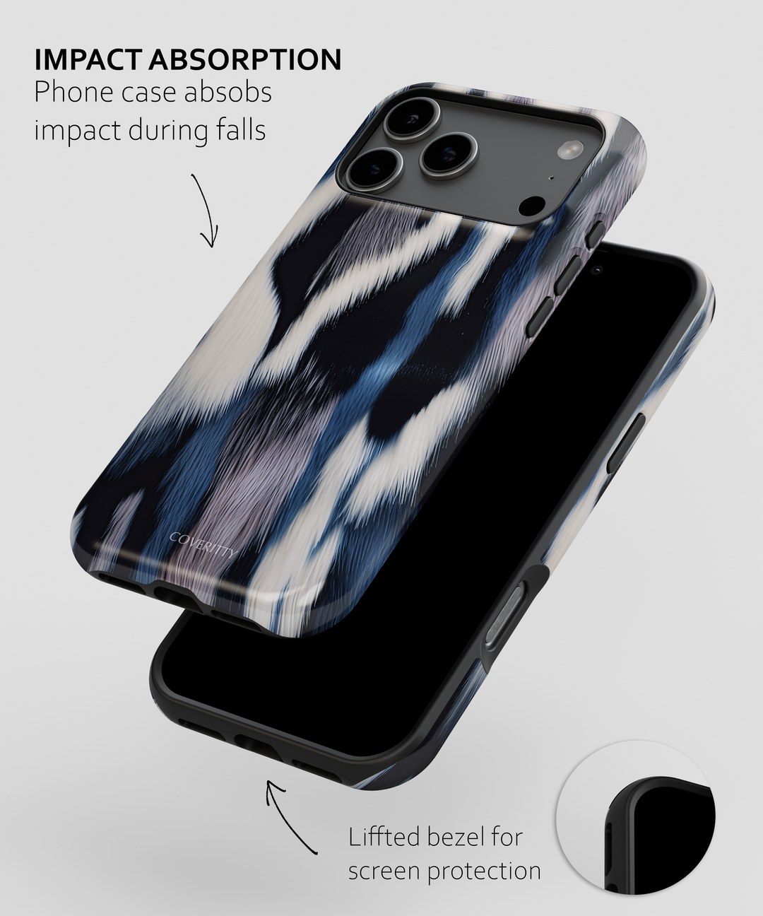 Phone case with impact absorption feature on a white background
