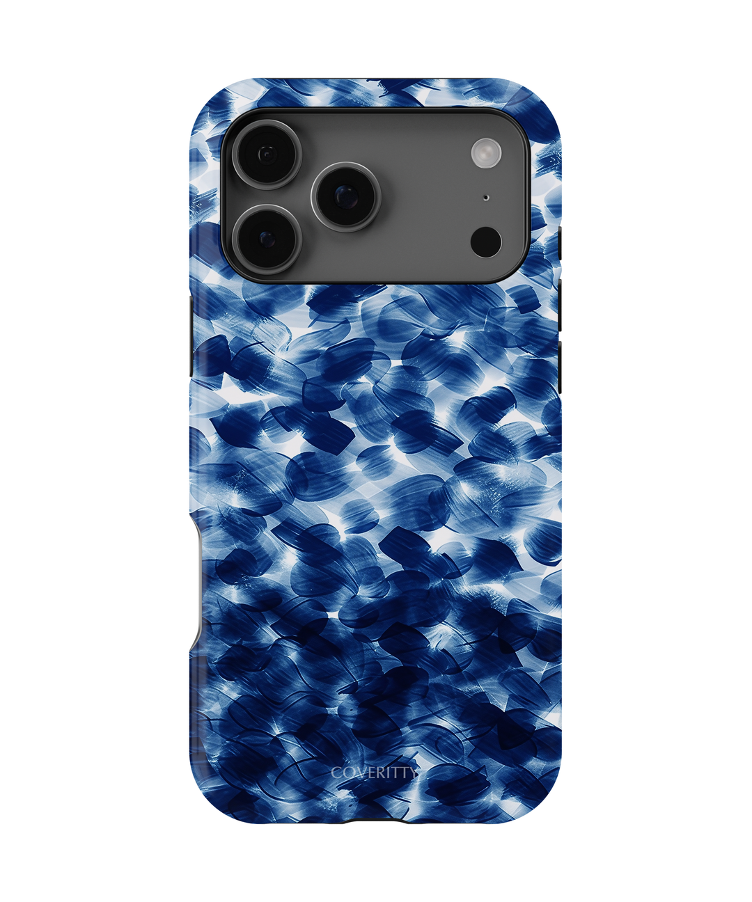 Blue Lagoon abstract iPhone case with blue brushstroke design on white background