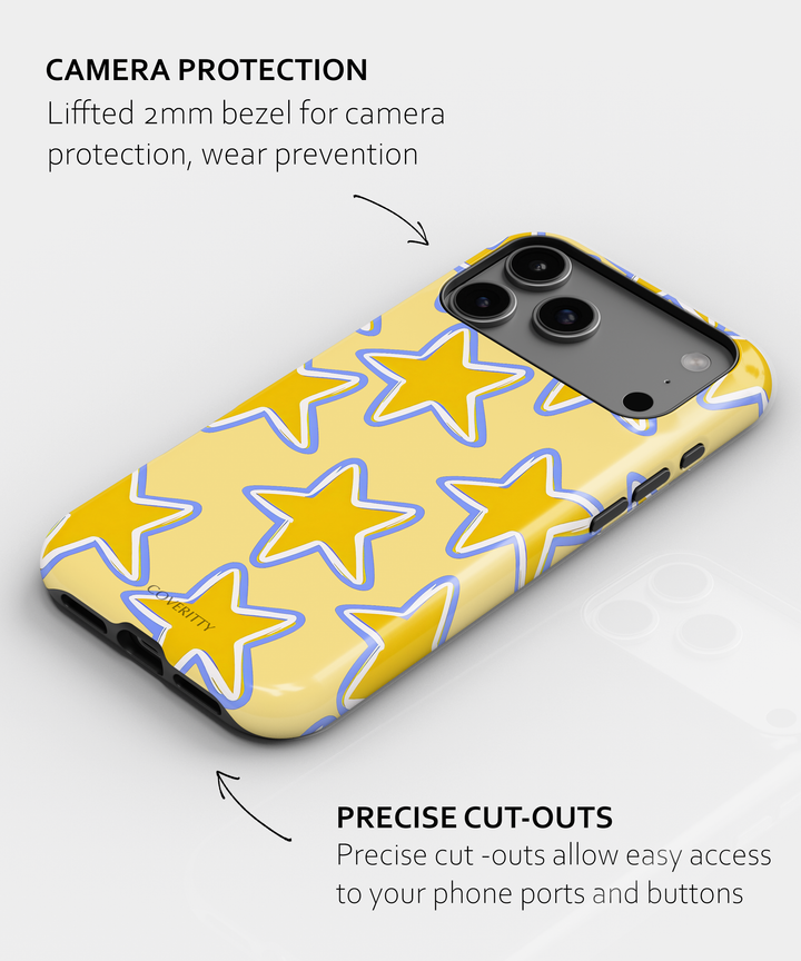 Phone case with yellow star pattern on a white background