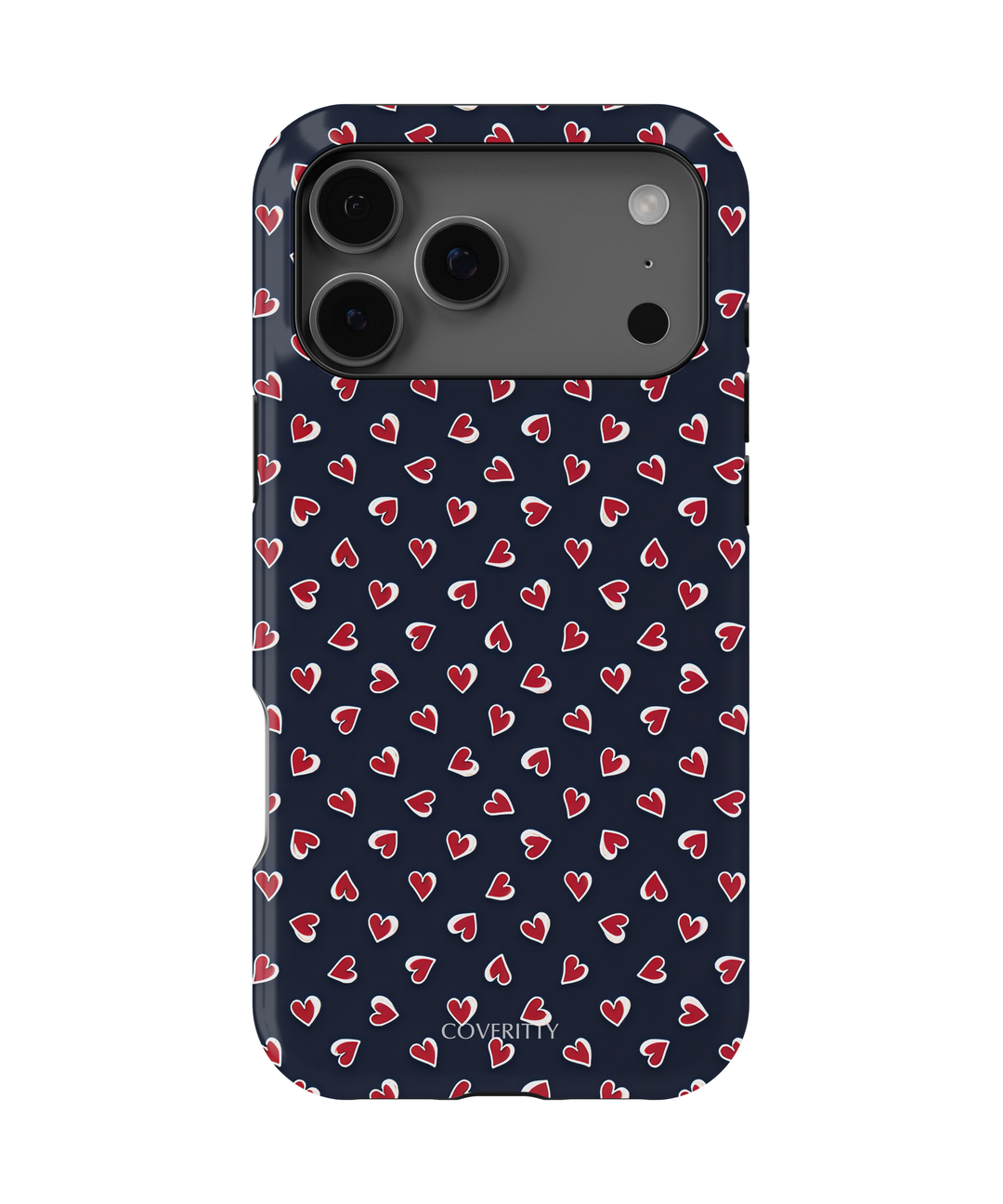 Detailed view of heart pattern on navy blue Adore Me phone case