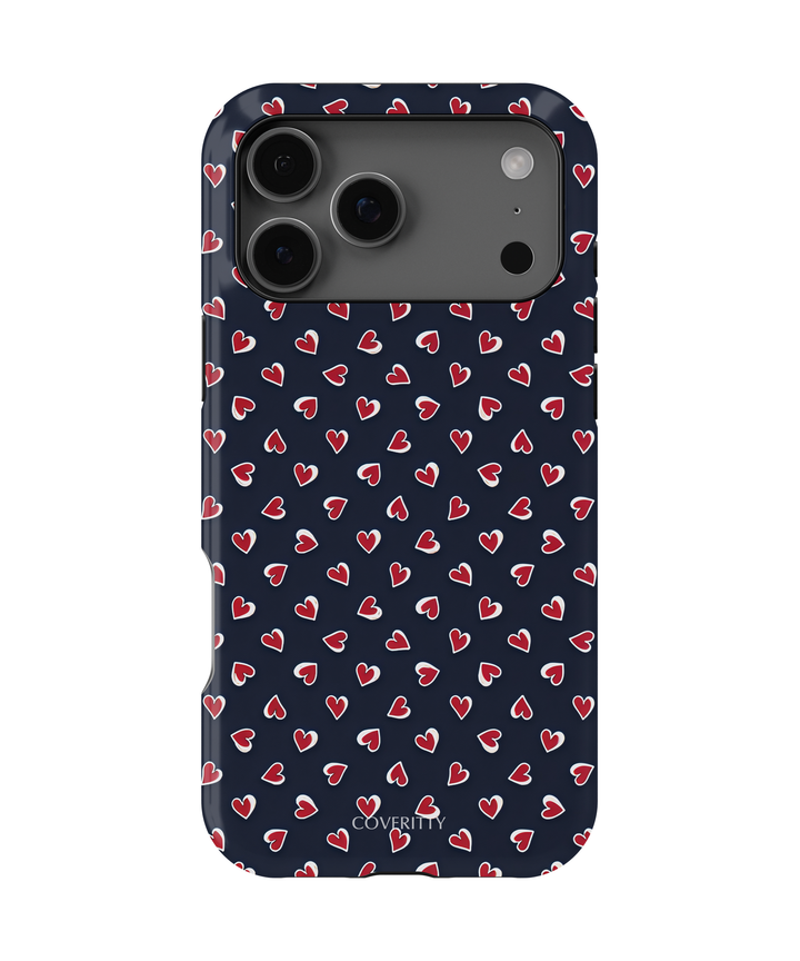 Detailed view of heart pattern on navy blue Adore Me phone case
