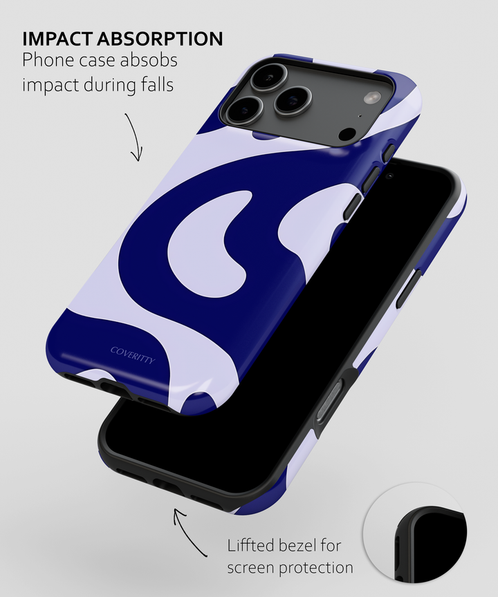 Phone case with impact absorption feature and screen protection on a gray background