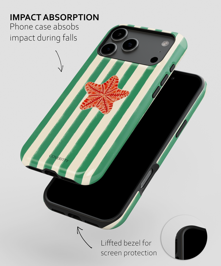 Phone case with green and white stripes and a red starfish design, featuring text about impact absorption and screen protection.