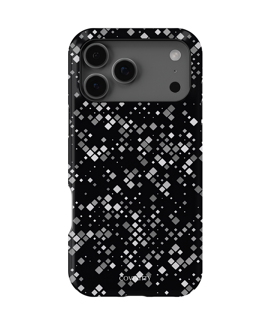 Phone case with black and white pixelated pattern on a white background