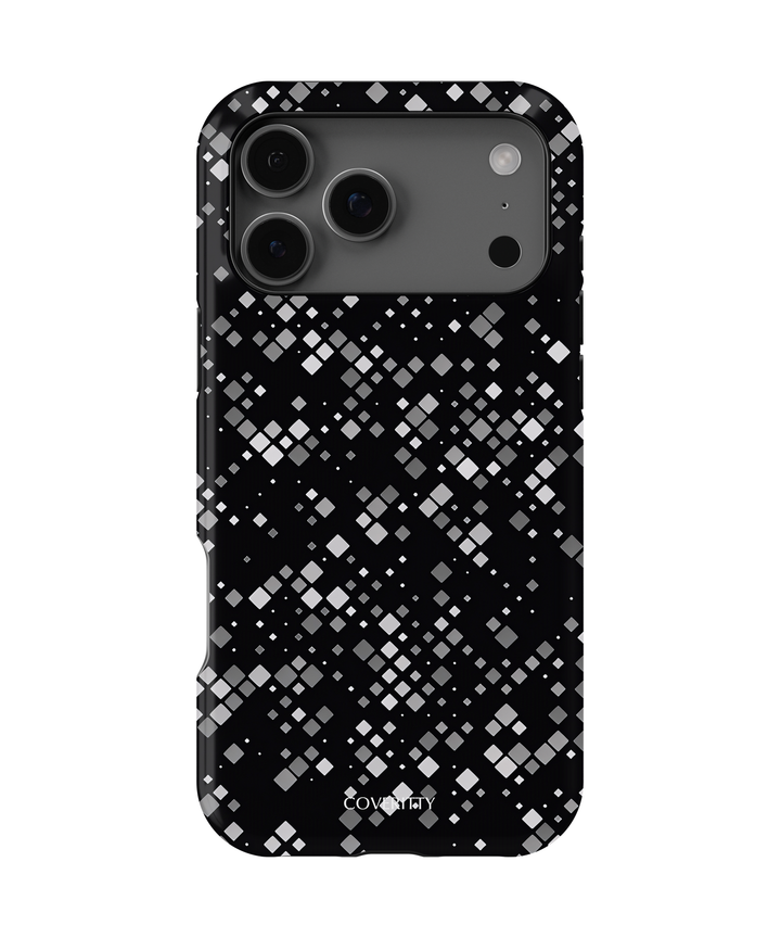 Phone case with black and white pixelated pattern on a white background