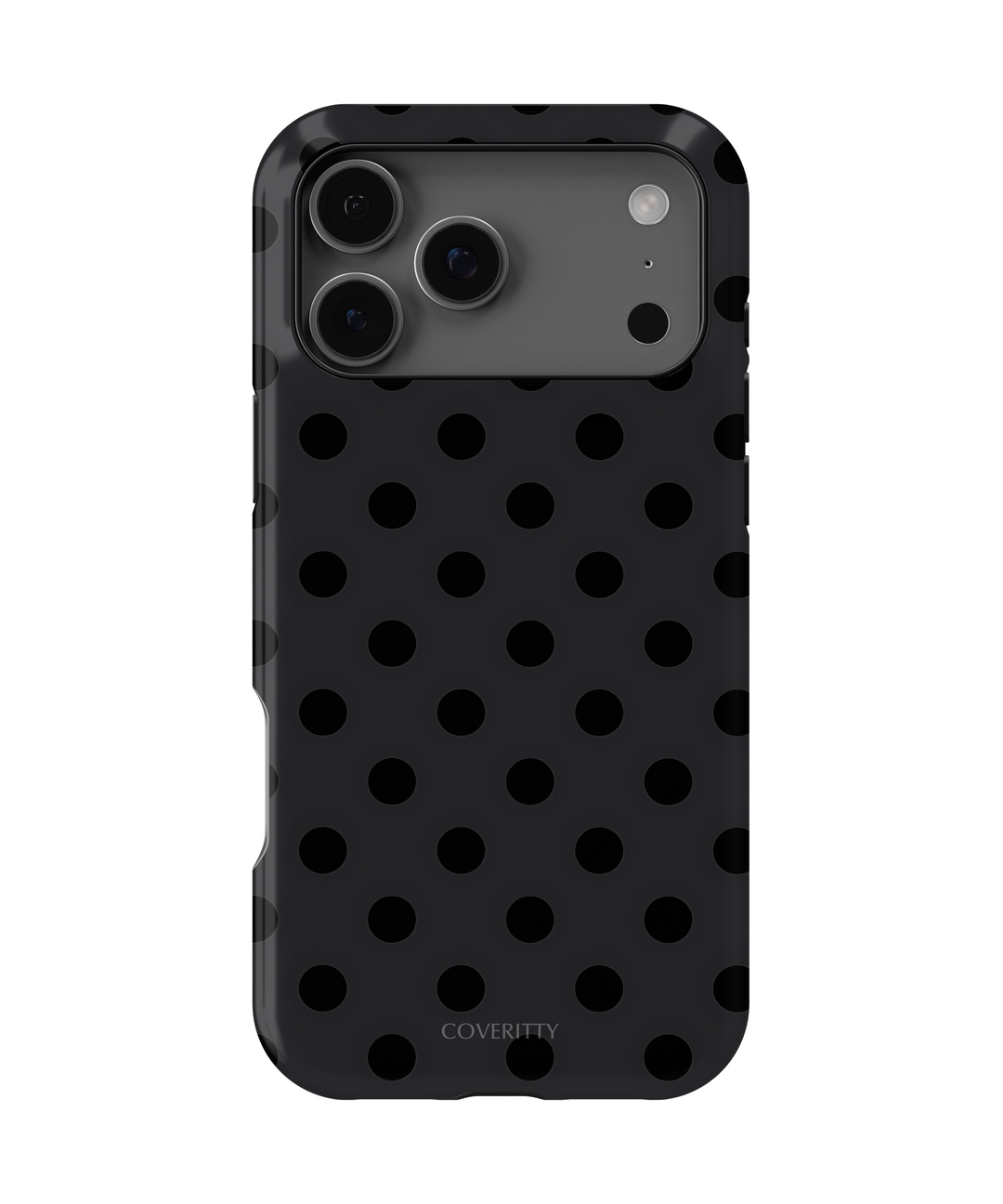 Black polka dot phone case with 'Coverity' branding on a white background