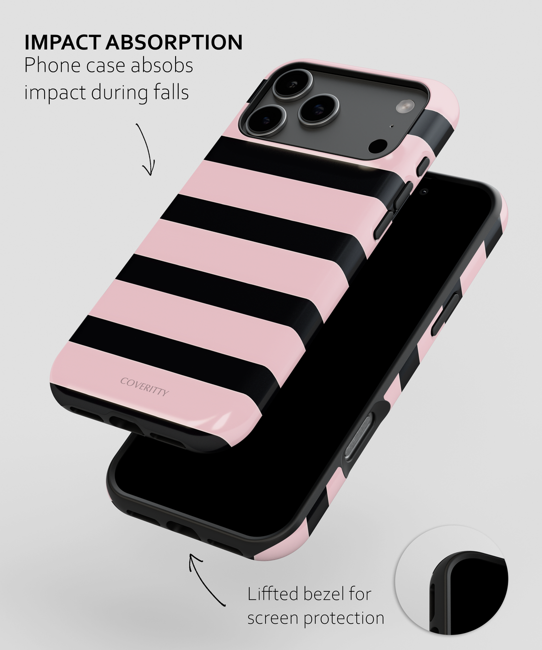 Phone case with pink and black stripes on a gray background