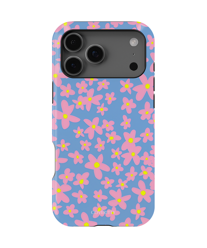 Phone case with pink floral pattern on a blue background
