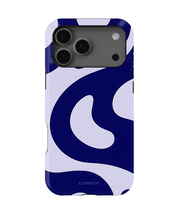 Phone case with blue and white wave pattern on a white background