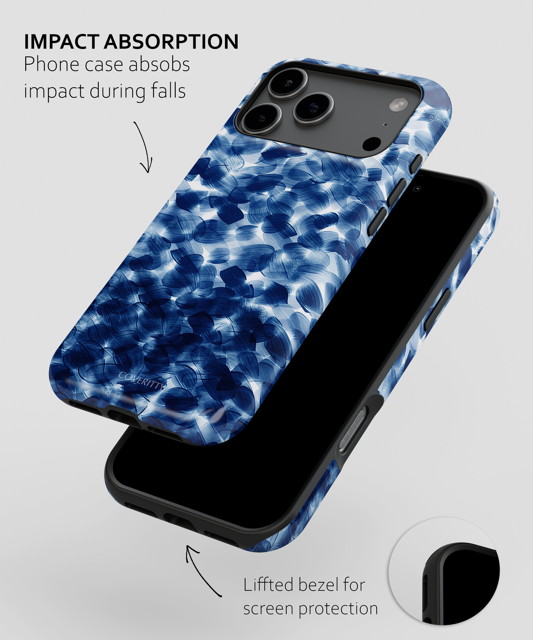 Phone case with blue abstract pattern on a white background