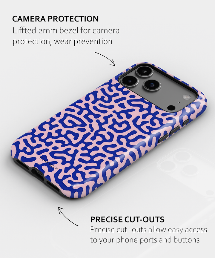 Slim protective phone case with bold blue and pink wave pattern