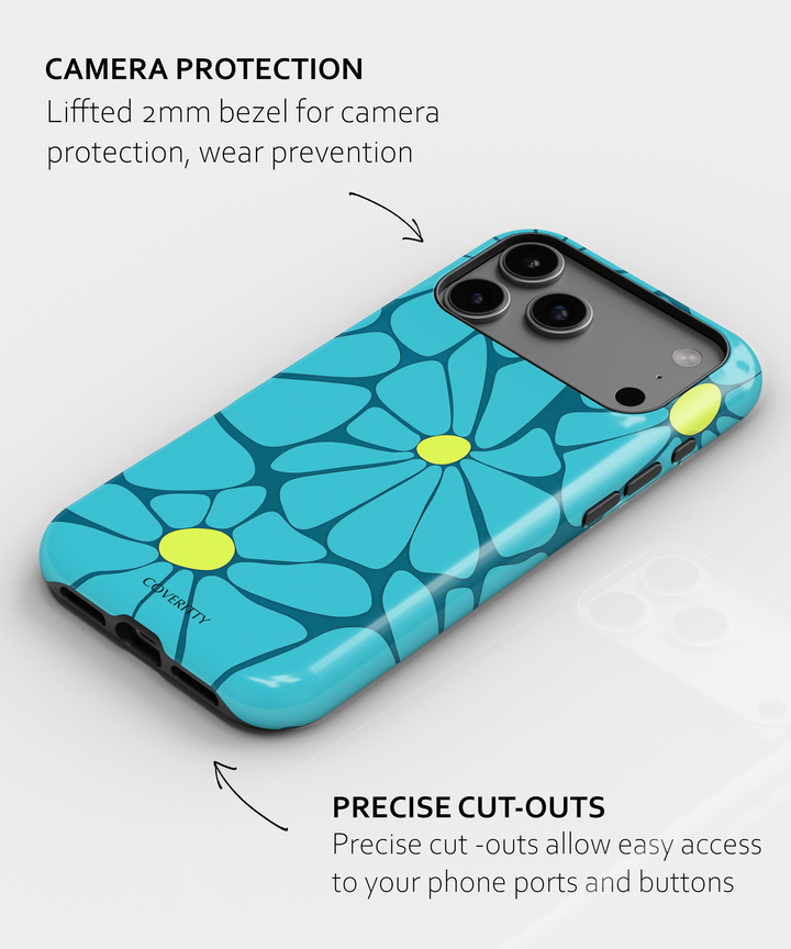 Phone case with blue floral design and text about camera protection and cut-outs