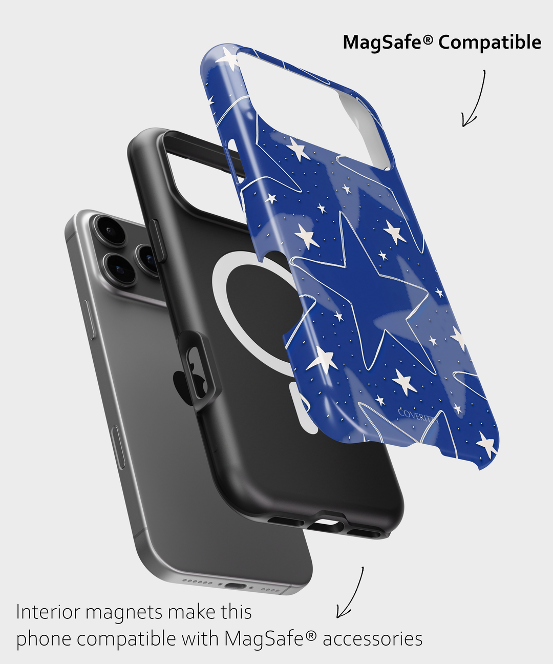 Phone case with star pattern and text indicating MagSafe compatibility on a light gray background
