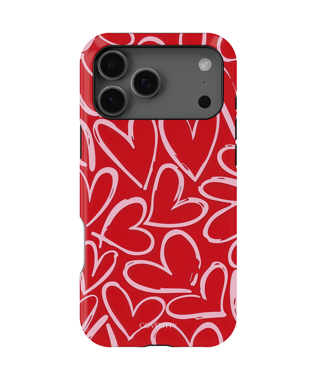 Phone case with red background and white heart pattern on a white background