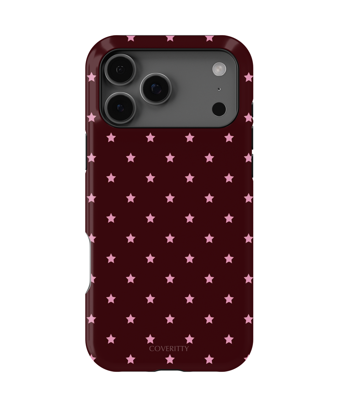 Phone case with pink star pattern on a dark red background
