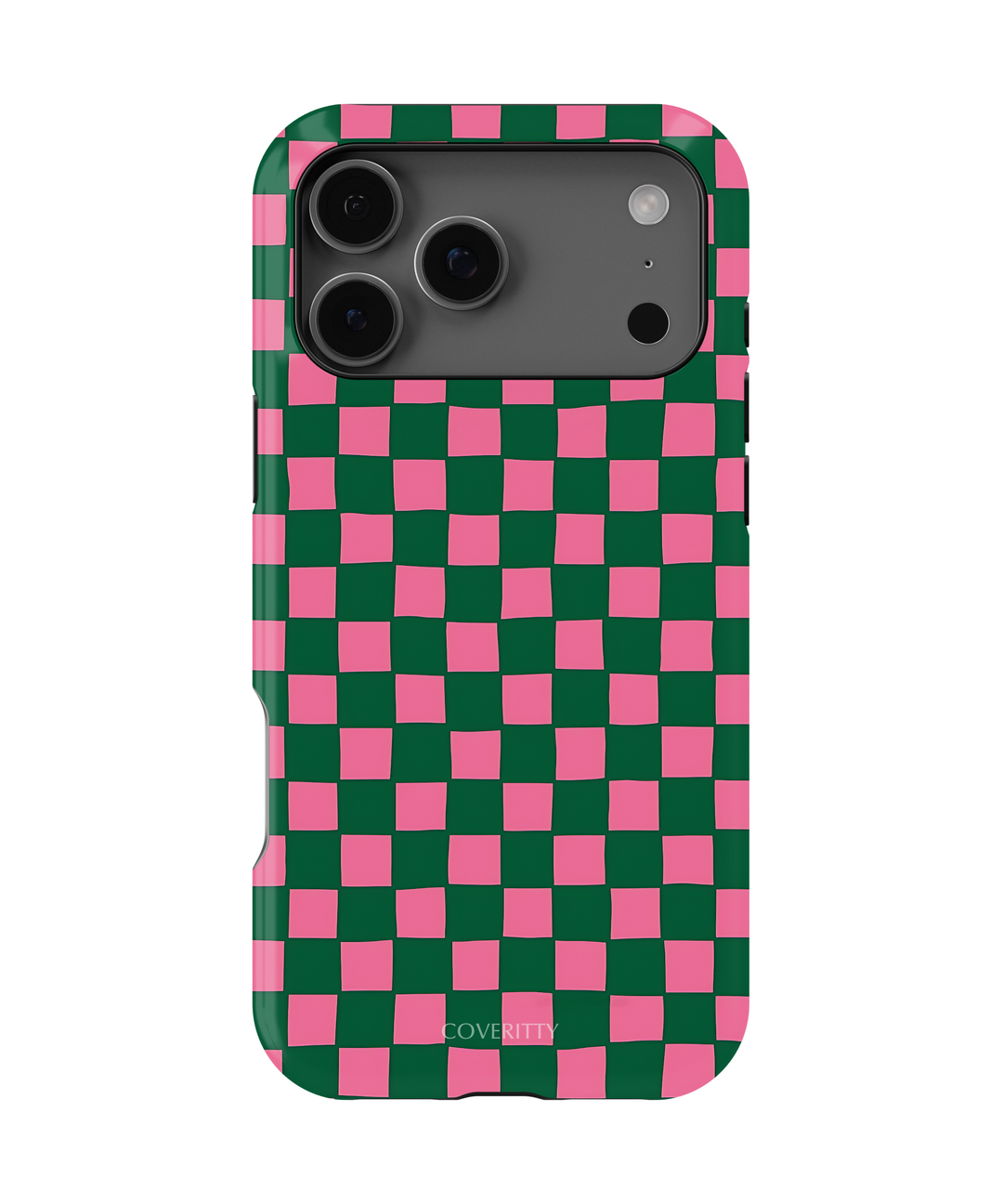 Phone case with green and pink checkered pattern on a white background