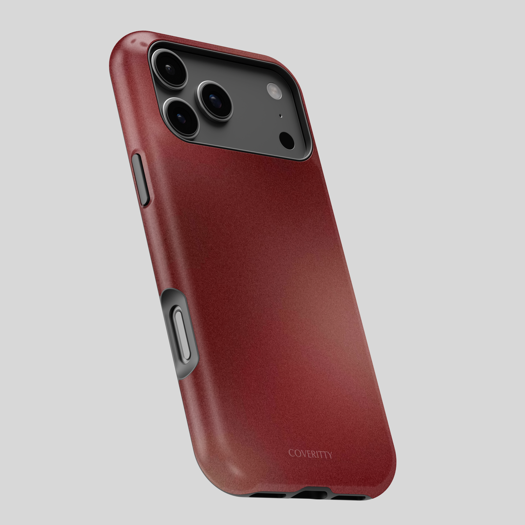 Red phone case with 'Coverly' branding on a gray background