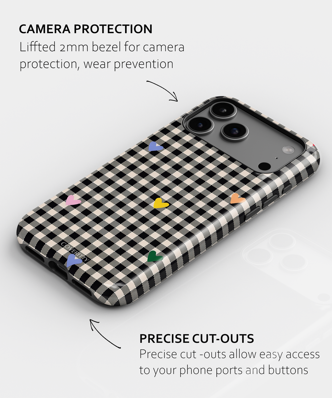 Black-and-white gingham phone case with playful multicolor hearts, protective cover for everyday use
