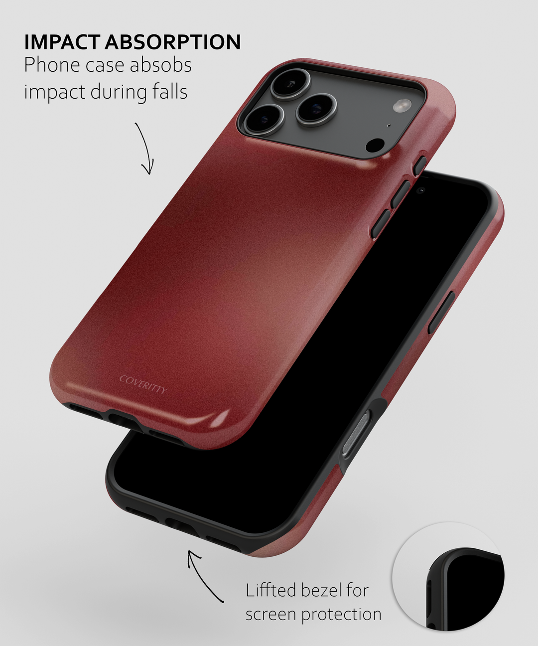 Red phone case with text highlighting impact absorption and screen protection on a gray background