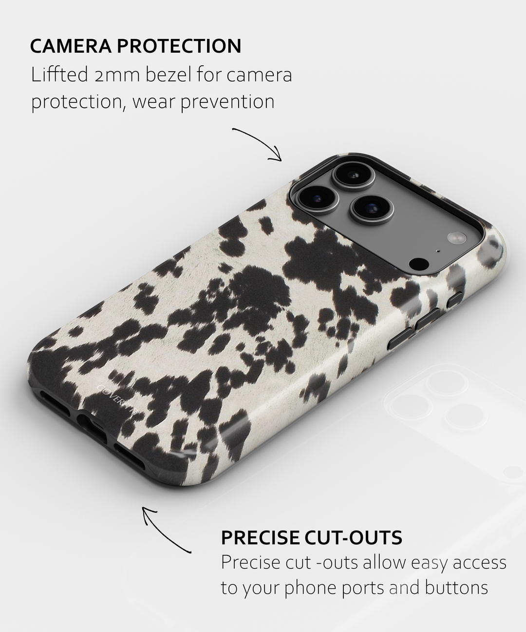 Phone case with cow print design on a white background