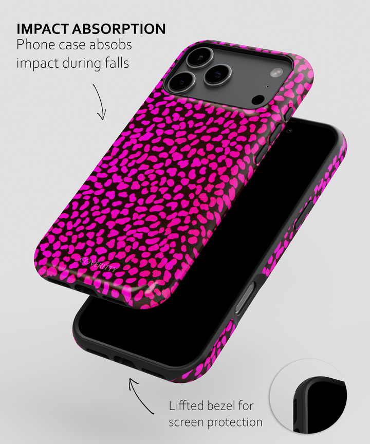 Phone case with pink and black pattern on a white background