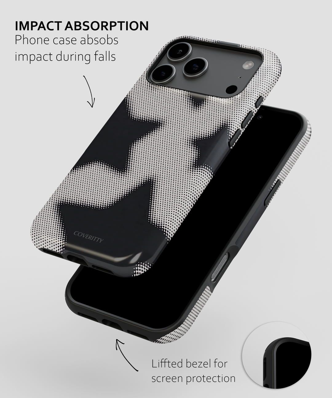Phone case with impact absorption feature and screen protection on a white background