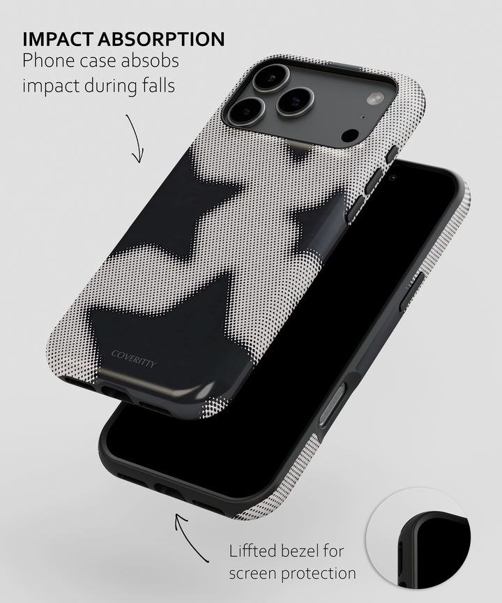 Phone case with impact absorption feature and screen protection on a white background