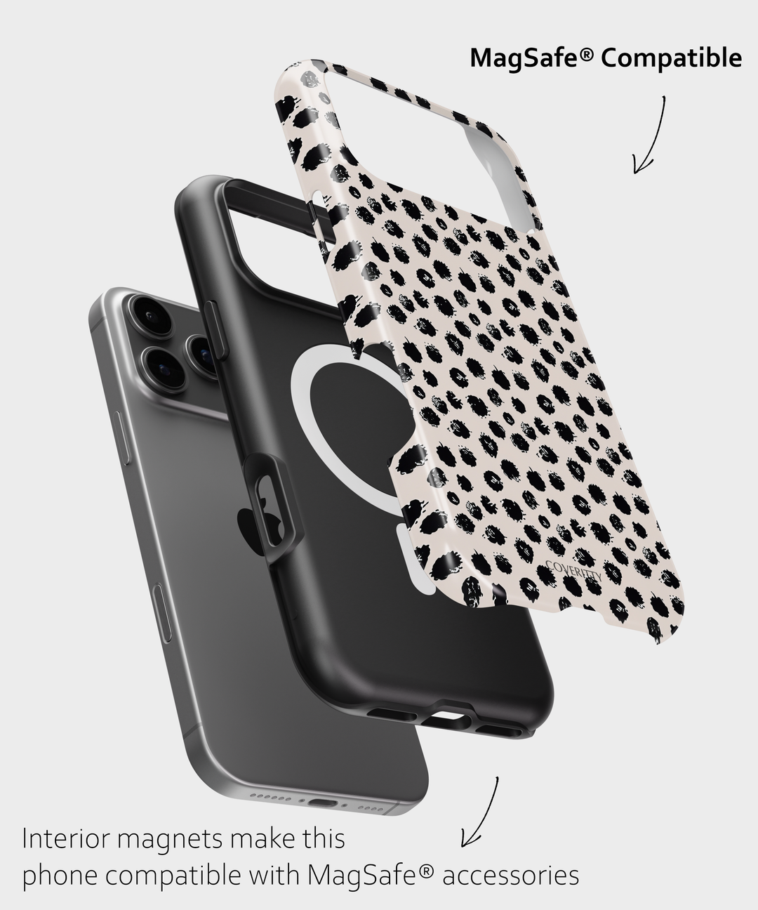 Phone case with leopard print design and text indicating MagSafe compatibility on a white background