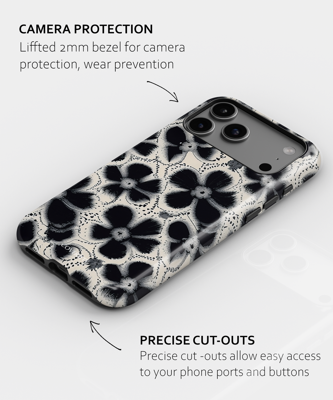 Elegant black and white floral iPhone case named Midnight Petal by Coveritty