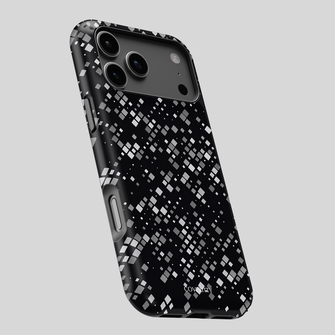 Phone case with black and white geometric pattern on a light gray background