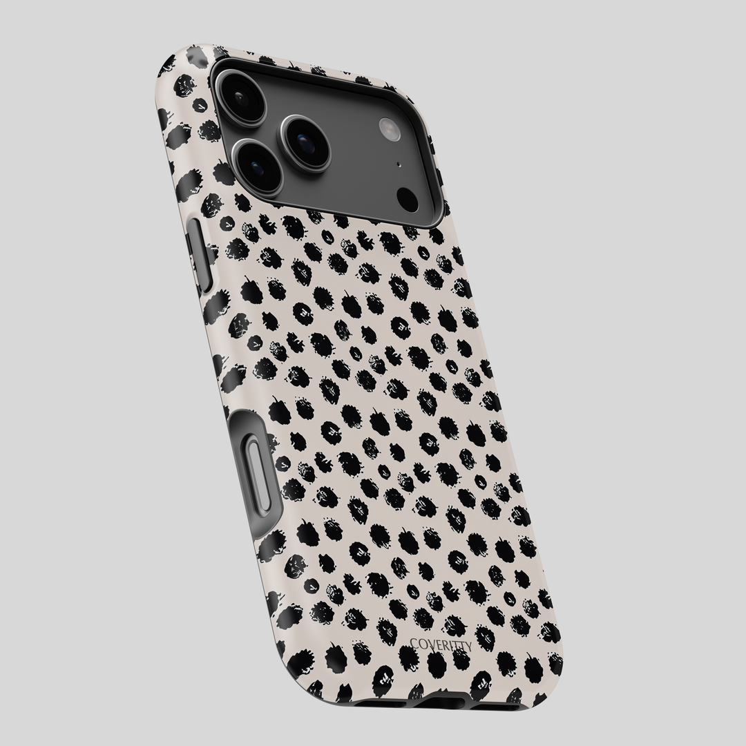 Phone case with black leopard print pattern on a light gray background