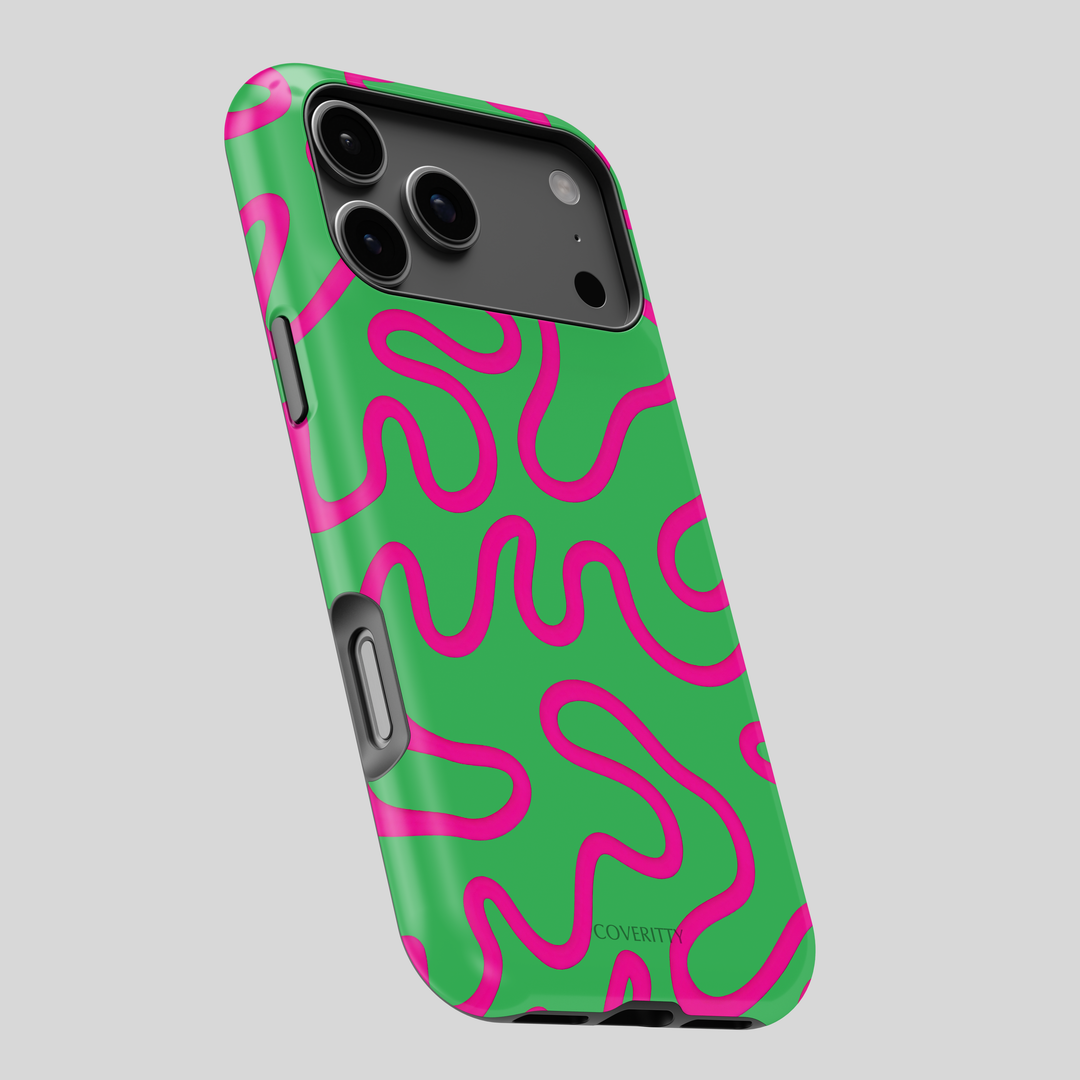 Aesthetic Wavy Pop iPhone case with neon pink curves on green, durable and fashionable phone accessory