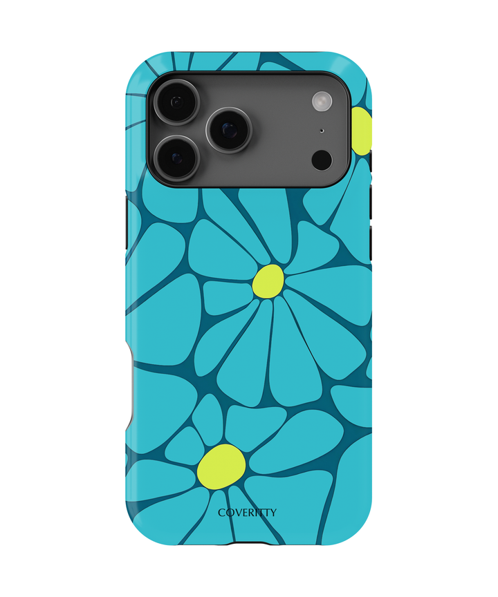 Phone case with blue floral design on a white background