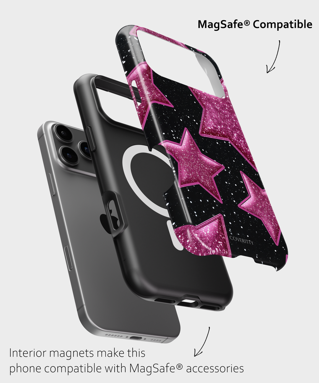 Phone case with pink star design and MagSafe compatibility text on a white background